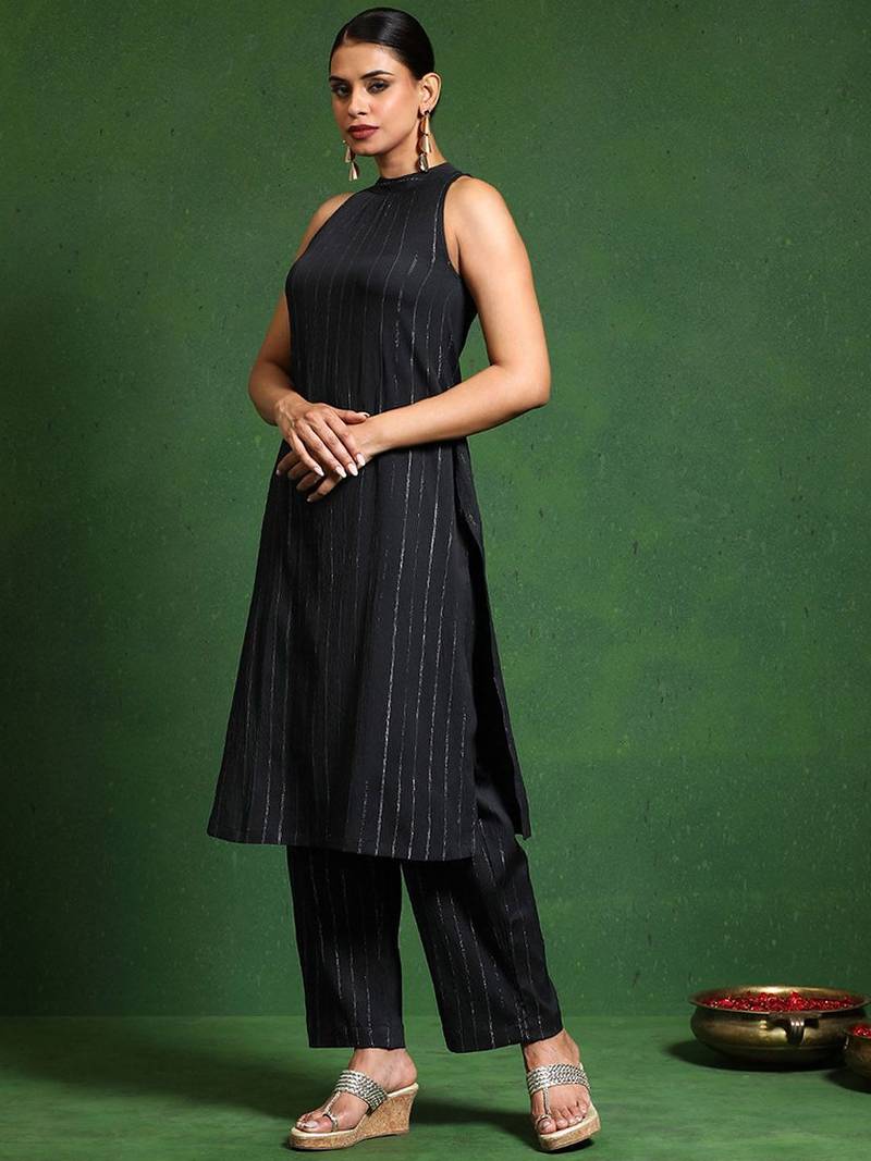 Halter Neck Striped Straight Kurta With Trouser