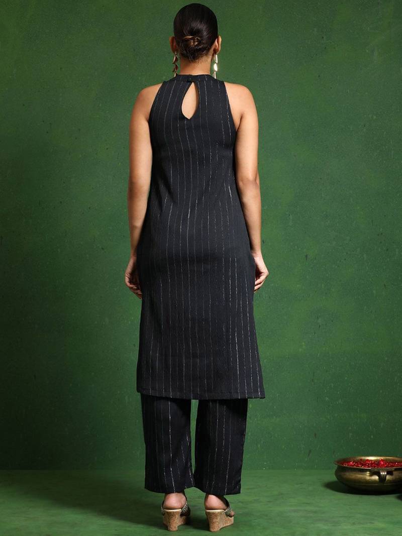 Halter Neck Striped Straight Kurta With Trouser