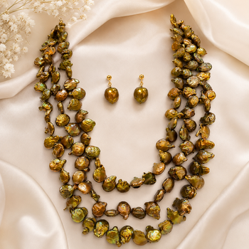 Baroque freshwater pearl necklace and earrings set, 3-strand golden brown colour, keshi pearl, drop earrings included. 1
