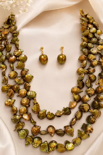 Baroque freshwater pearl necklace and earrings set, 3-strand golden brown colour, keshi pearl, drop earrings included.
