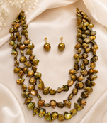 Baroque freshwater pearl necklace and earrings set, 3-strand golden brown colour, keshi pearl, drop earrings included.