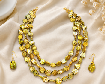 Multi-strand beaded necklace and earring set, gold-green  3-layer necklace, matching earrings. 1