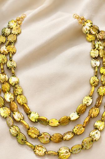 Multi-strand beaded necklace and earring set, gold-green  3-layer necklace, matching earrings.