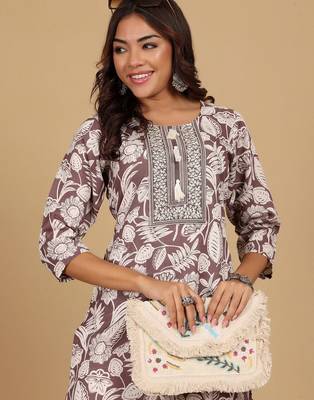 Floral Printed Thread Work Straight Kurta With Trouser 2