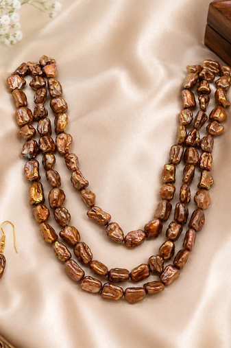Brown baroque pearl 3-layer necklace and earrings jewellery set iridescent lustre, gold-tone hook earrings.