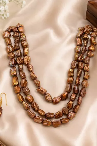 Brown baroque pearl 3-layer necklace and earrings jewellery set iridescent lustre, gold-tone hook earrings.