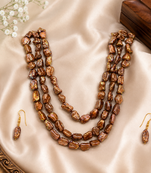 Brown baroque pearl 3-layer necklace and earrings jewellery set iridescent lustre, gold-tone hook earrings.