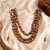 Brown baroque pearl 3-layer necklace and earrings jewellery set iridescent lustre, gold-tone hook earrings.