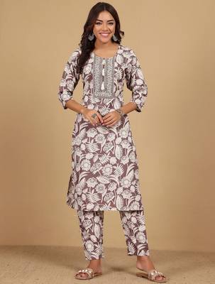 Floral Printed Thread Work Straight Kurta With Trouser 1
