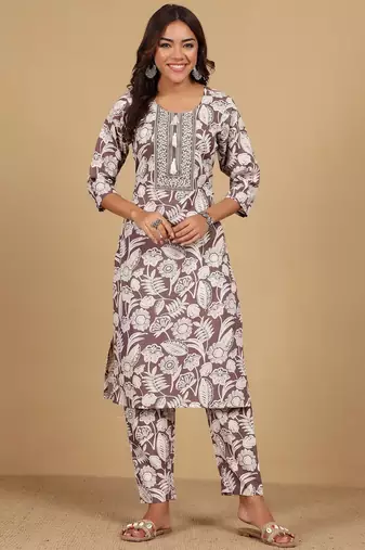 Floral Printed Thread Work Straight Kurta With Trouser