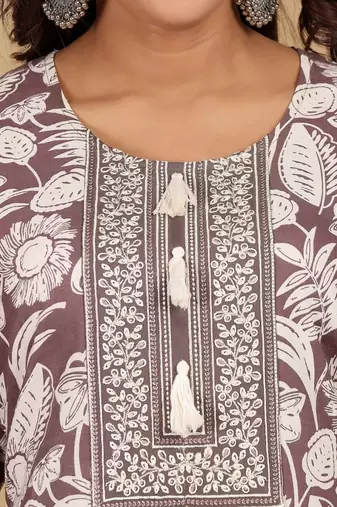 Floral Printed Thread Work Straight Kurta With Trouser