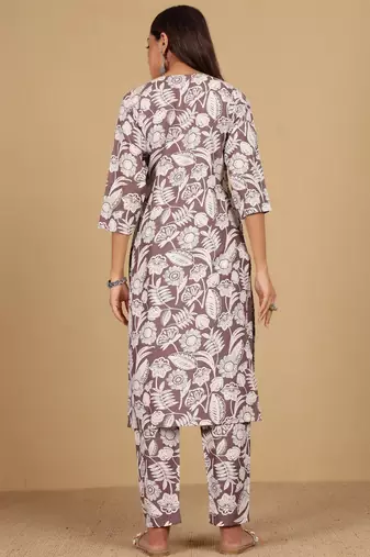 Floral Printed Thread Work Straight Kurta With Trouser