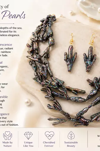 Baroque pearl necklace and earring set, dark iridescent multi-strand necklace, cactus-shaped earrings.