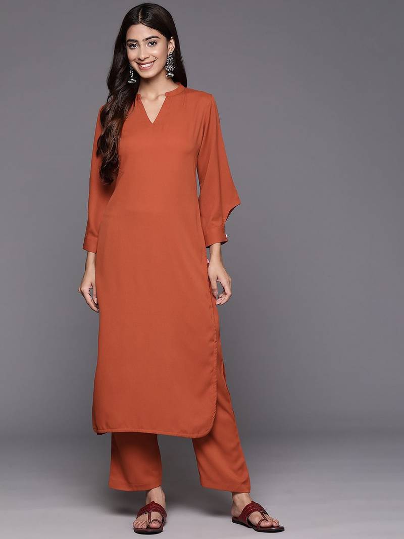 Women Regular Silk Crepe Kurta with Trousers