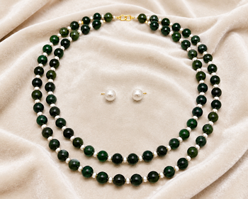 Green jade & pearl double strand necklace with stud earrings jewellery set. 1