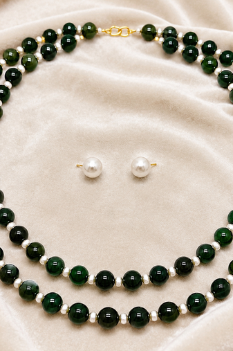 Green jade & pearl double strand necklace with stud earrings jewellery set.