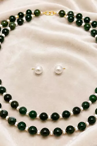 Green jade & pearl double strand necklace with stud earrings jewellery set.