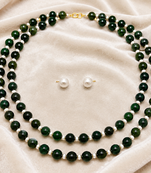 Green jade & pearl double strand necklace with stud earrings jewellery set.