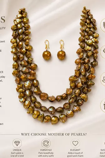 Baroque freshwater pearl necklace and earrings set, 3-strand golden brown colour, keshi pearl, drop earrings included.