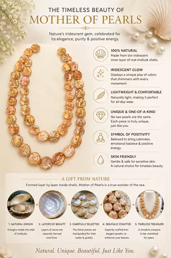 Freshwater coin pearl necklace set with earrings, peach gold double strand, baroque texture, iridescent lustre.