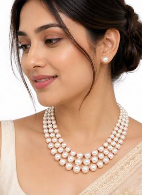 Pearl necklace and earring set, 3-layer with ruby beads gold-tone clasp, stud earrings included. 1