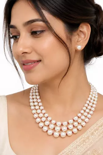 Pearl necklace and earring set, 3-layer with ruby beads gold-tone clasp, stud earrings included.