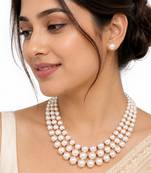 Pearl necklace and earring set, 3-layer with ruby beads gold-tone clasp, stud earrings included.