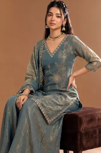 Women Ethnic Motifs Embroidered Regular Kurta with Sharara & With Dupatta