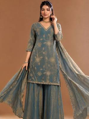 Women Ethnic Motifs Embroidered Regular Kurta with Sharara & With Dupatta 3