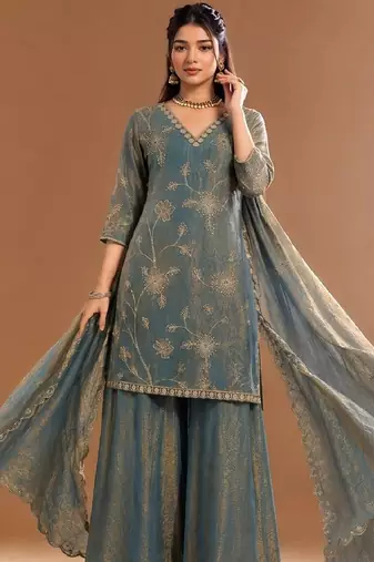 Women Ethnic Motifs Embroidered Regular Kurta with Sharara & With Dupatta
