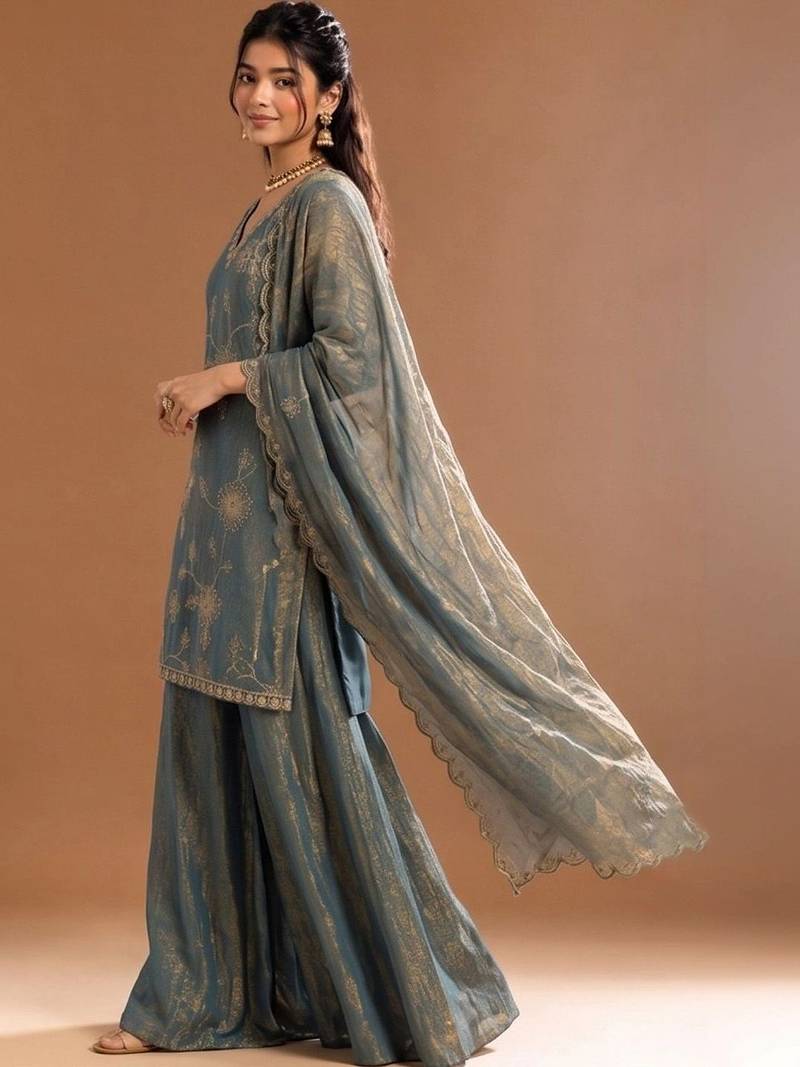 Women Ethnic Motifs Embroidered Regular Kurta with Sharara & With Dupatta