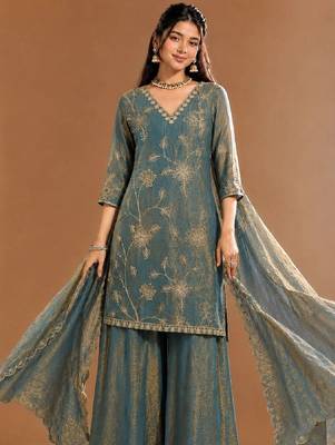 Women Ethnic Motifs Embroidered Regular Kurta with Sharara & With Dupatta 1