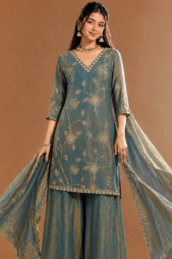 Women Ethnic Motifs Embroidered Regular Kurta with Sharara & With Dupatta
