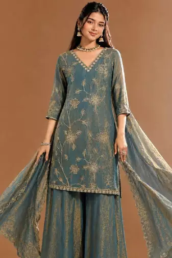 Women Ethnic Motifs Embroidered Regular Kurta with Sharara & With Dupatta