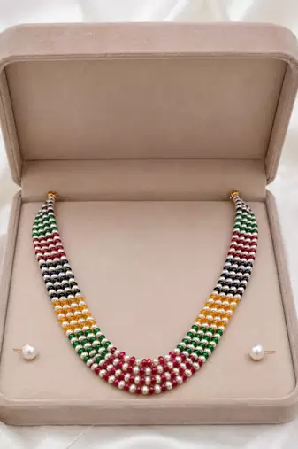 Multicolour pearl and gemstone beaded multi-strand necklace set with stud earrings, 5-layer strands.