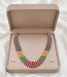 Multicolour pearl and gemstone beaded multi-strand necklace set with stud earrings, 5-layer strands.