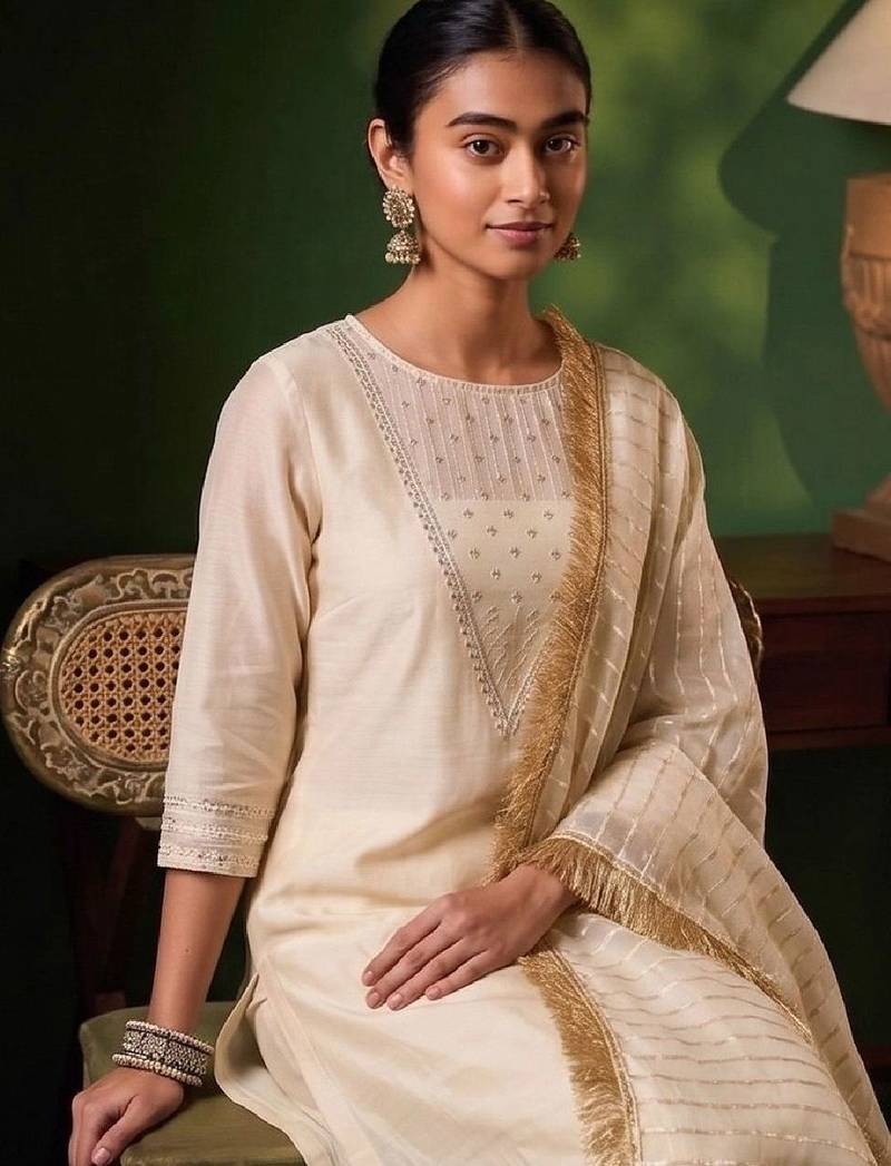 Women Ethnic Motifs Embroidered Regular Thread Work Kurta with Trousers & With Dupatta