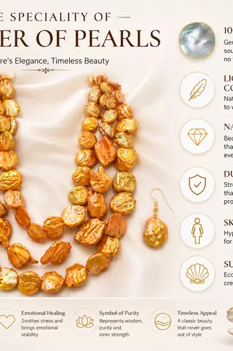 Orange baroque pearl 3-layer necklace and earrings jewellery set freshwater pearls, gold-tone hooks, iridescent finish