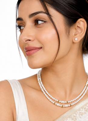 Double strand pearl necklace set with stud earrings, white gold-tone accents, oval & round pearls. 1
