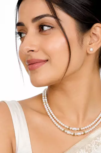 Double strand pearl necklace set with stud earrings, white gold-tone accents, oval & round pearls.