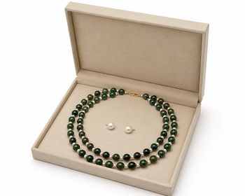 Green jade & pearl double strand necklace with stud earrings jewellery set. 2