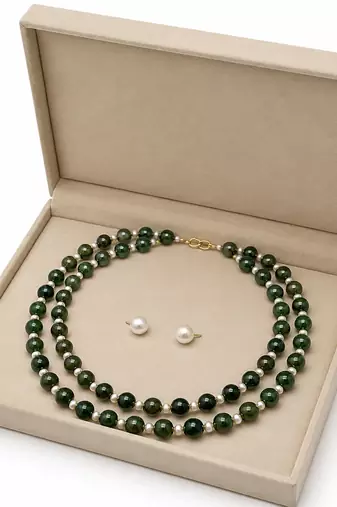 Green jade & pearl double strand necklace with stud earrings jewellery set.