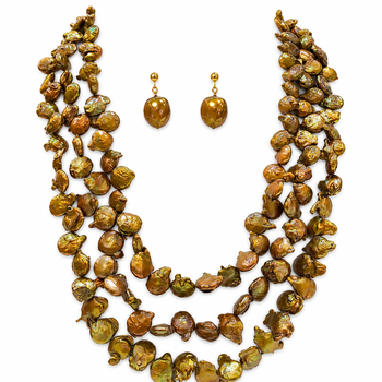 Baroque freshwater pearl necklace and earrings set, 3-strand golden brown colour, keshi pearl, drop earrings included. 3