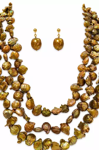 Baroque freshwater pearl necklace and earrings set, 3-strand golden brown colour, keshi pearl, drop earrings included.