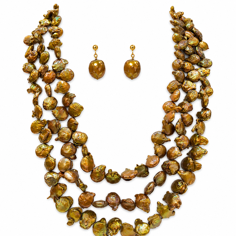 Baroque freshwater pearl necklace and earrings set, 3-strand golden brown colour, keshi pearl, drop earrings included.