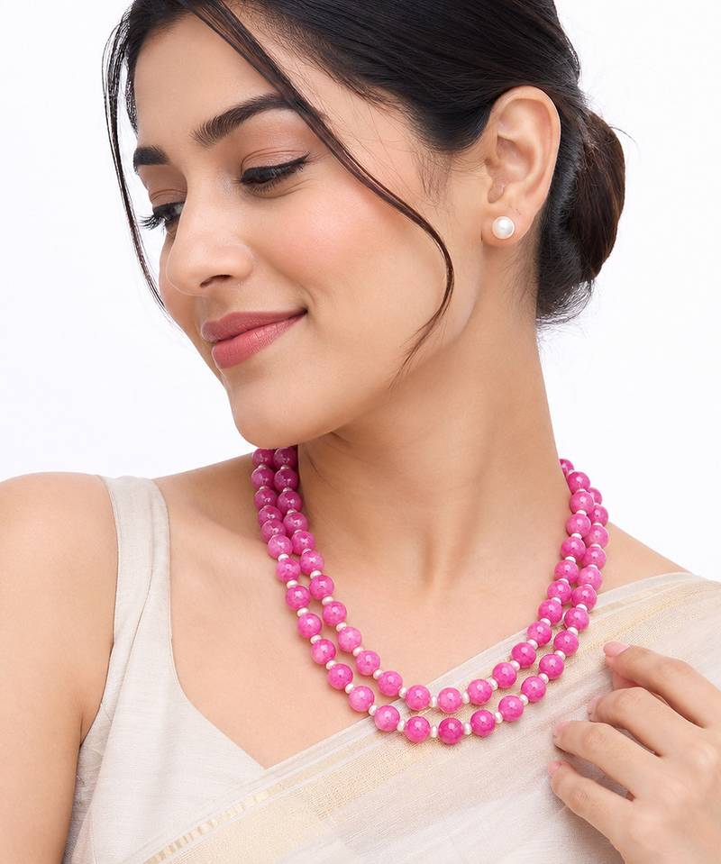 Pink jade beaded double strand necklace with pearl stud earrings faceted jade beads, white pearl accents.