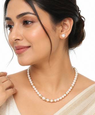 Pearl necklace and earring set with gold-tone crystal rings stud earrings included, crystal rondelle accents. 1