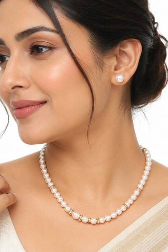 Pearl necklace and earring set with gold-tone crystal rings stud earrings included, crystal rondelle accents.