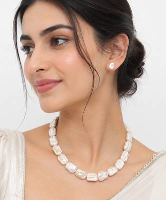 Baroque freshwater pearl necklace and earrings set, white irregular pearl shape, lustrous finish, stud. 1