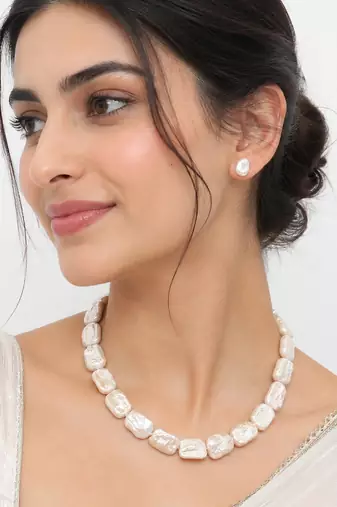 Baroque freshwater pearl necklace and earrings set, white irregular pearl shape, lustrous finish, stud.